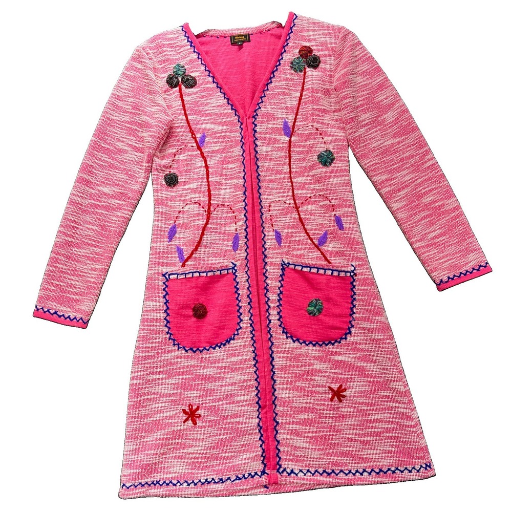 Rising International Duster Cardigan Womens Small Pink Floral Embroidered Knit